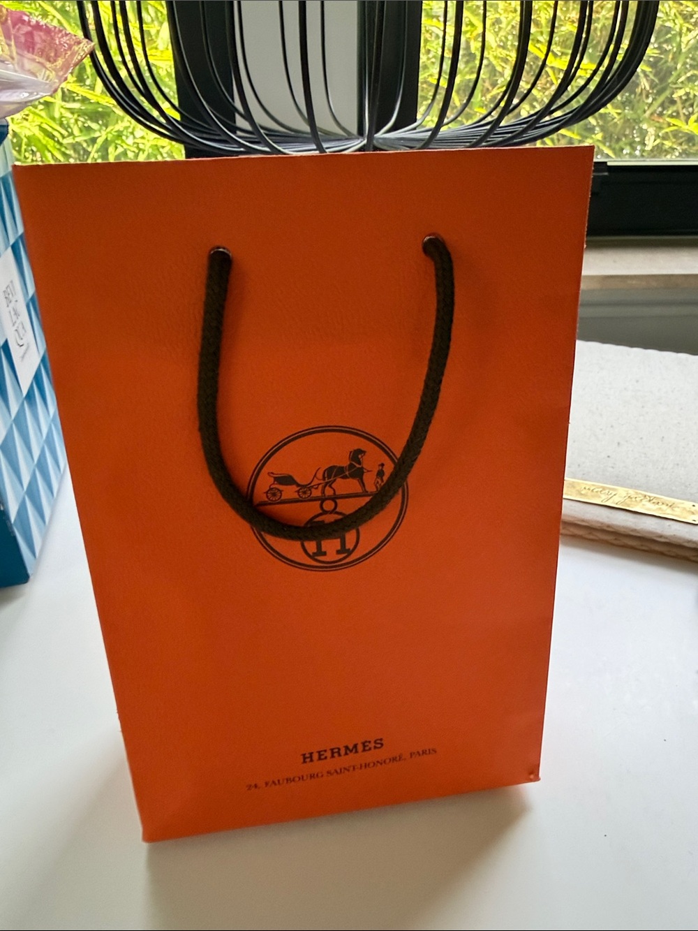 Hermes Orange Paper Gift Bag with Black Cord Handles